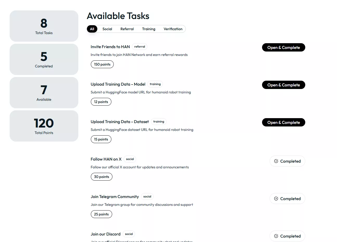 Available Tasks - Humanoid Network